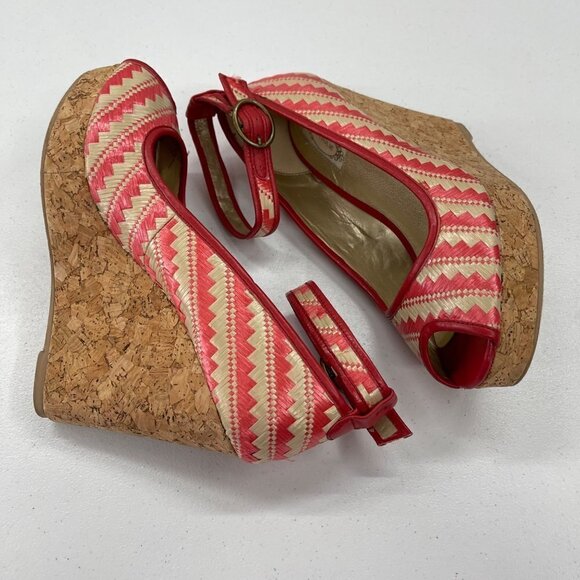 Joyfolie Alma Tangelo Straw Wedge Peep Toe 4.5" Slip On Heel Shoes Womens sz 9.5 - Picture 7 of 8